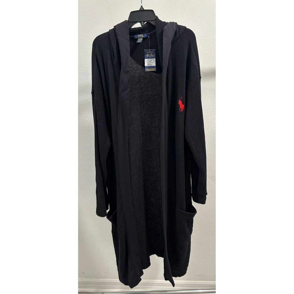 Polo Ralph Lauren Mens Waffle Knit Hooded Robe Black Red Pony Logo S/M Relaxed